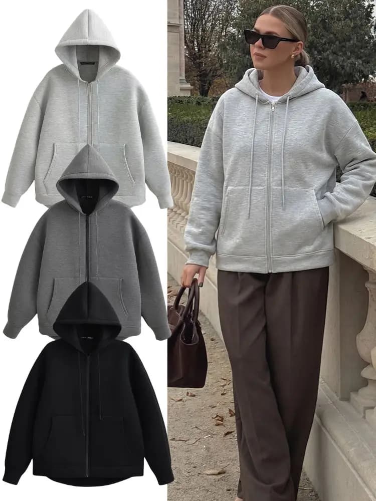 HH 2026 Women's Casual Jacket with Hood and Zip, Long Sleeves, Large Pockets, Women's Oversize Coat