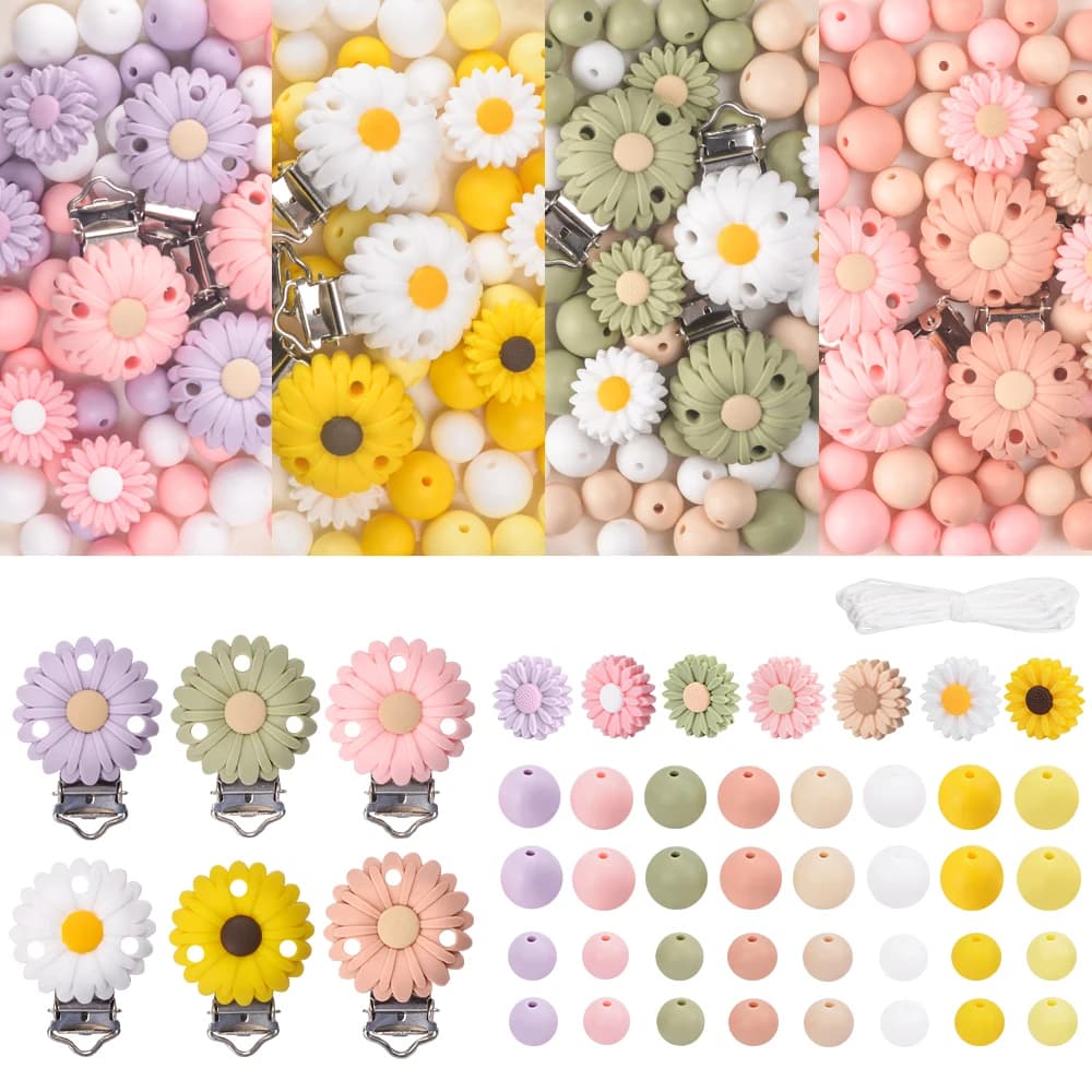LOFCA 35 pz Silicone Fiore Del Margherita Clip Ciuccio Perline In Silicone Set Dentizione Succhietto Titolare Accessori Per L'alimentazione Del Bambino Strumenti