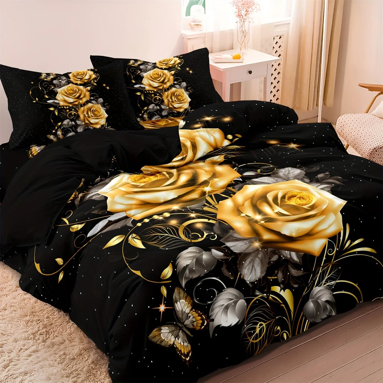 Set copripiumino/doona/fodera per trapunta a farfalla rosa dorata da 3 pezzi - Biancheria da letto morbida e traspirante per l'estetica della camera da letto e del dormitorio