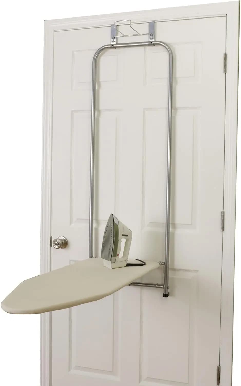 Asse da Stiro Compatta da Appendere alla Porta con Supporto per Ferro da Stiro, Rivestimento in Cotone Naturale, Design Salvaspazio