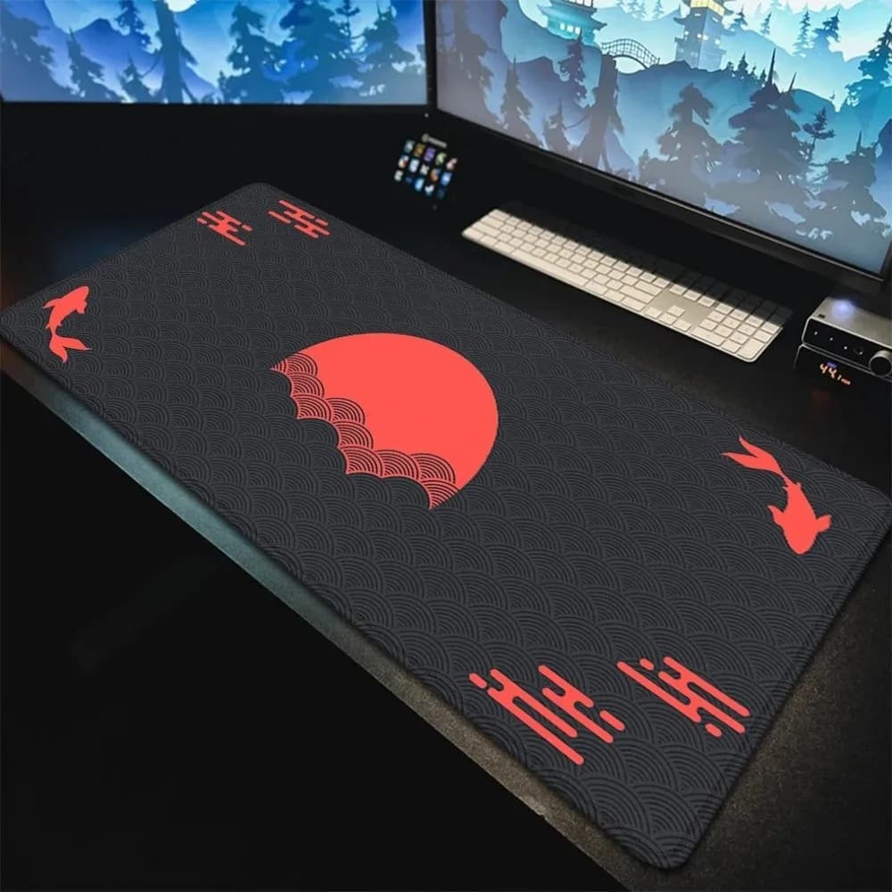 VIKAMA Japanese Red Koi Fish Red Sun Wave Pattern Large Mouse Pad Non-slip Lock Edge Vintage Gaming Desk Mat