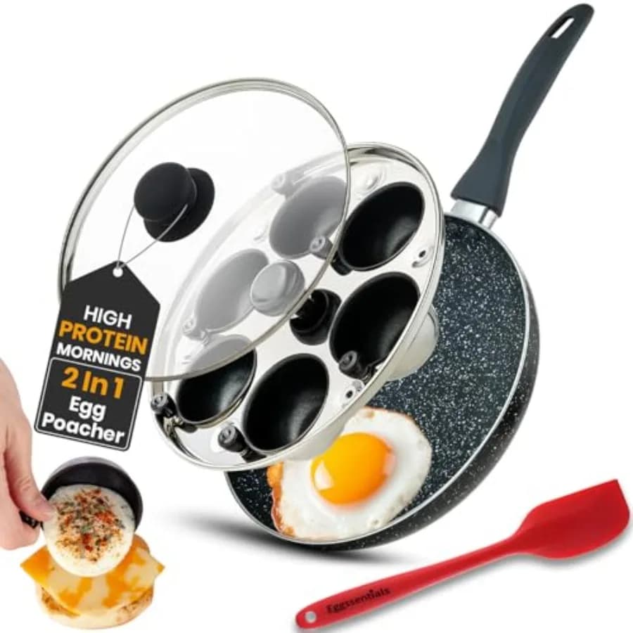 Pan 2 in 1 and large pan - Pouched egg pan with handle - 10 inch non-stick pan for omelet