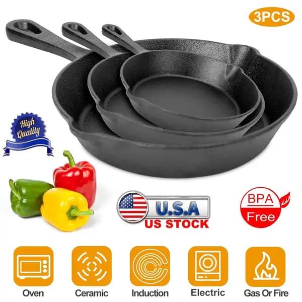 Set of 3-piece pre-tempered cast iron pans, 6/8/10 inch non-stick pan, safe pots, heat resistant