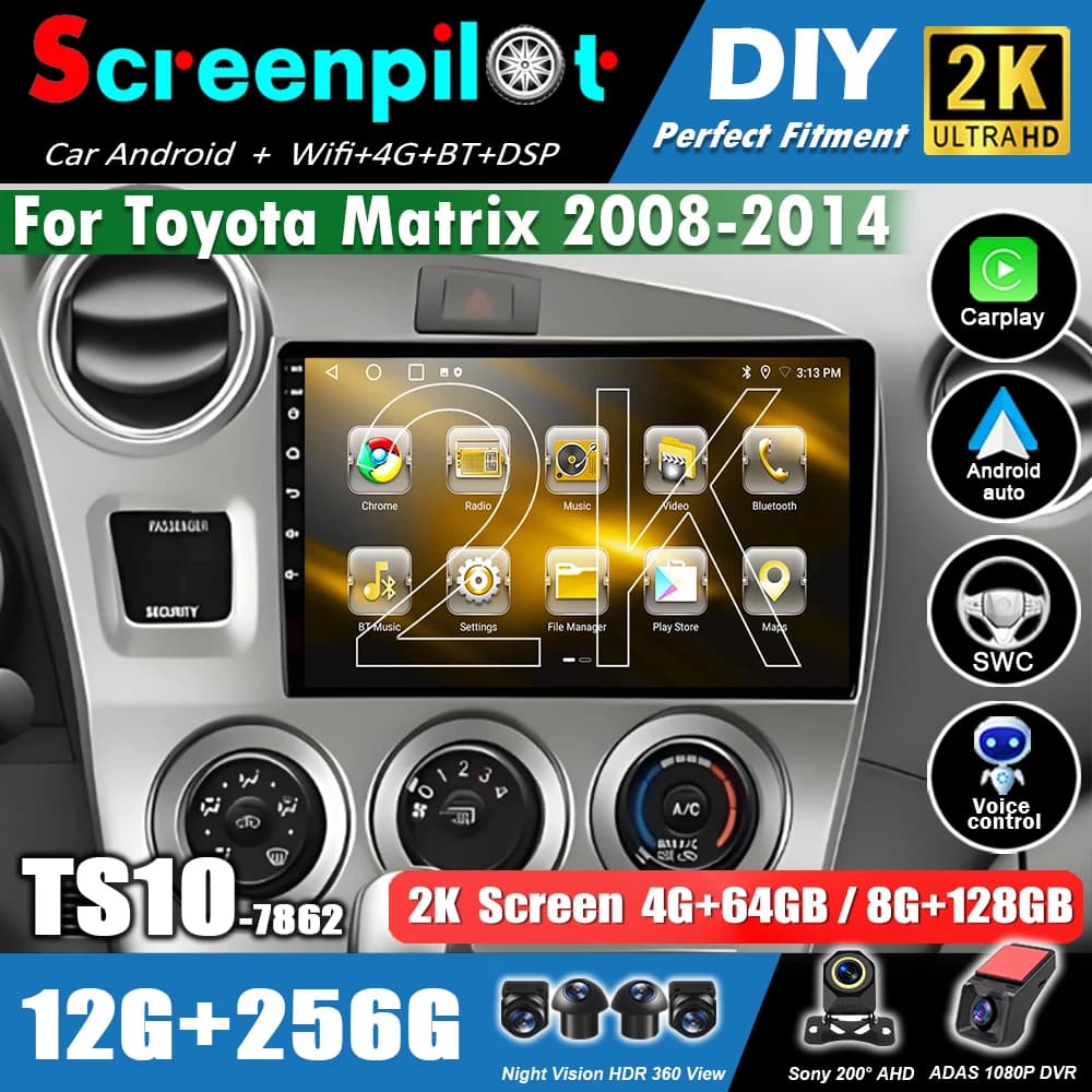 Android 16 Auto Carplay For Toyota Matrix 2008-2014 Car Radio GPS Navigation 5G Video Multimedia 2K QLED Bluetooth Wireless
