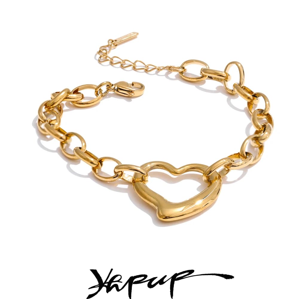 Yhpup Fascino Bracciale a catena con amore a forma di cuore cavo in acciaio inossidabile Bracciale in metallo lucido impermeabile Regali per gioielli fidanzata