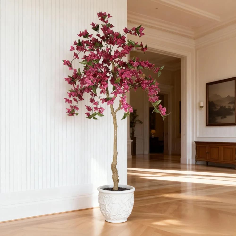 Albero di Bouganvillea Artificiale Realistico da 1,8 Metri in Vaso Nero di Plastica, Pianta Finta per Arredamento Interno e Soggiorno