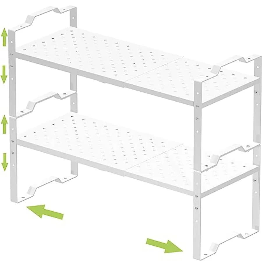 Expandable Cabinet Shelf Organizer, Adjustable Stackable Spice Rack for Kitchen and Bathroom, White, Medium, 2 Packs