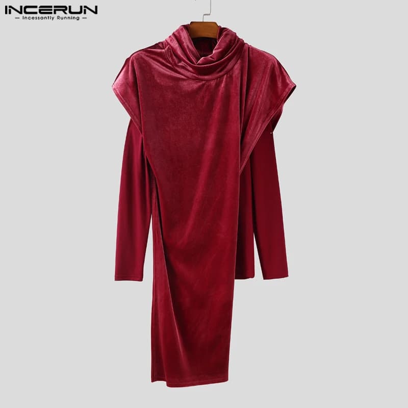 INCERUN Men Irregular T Shirt Patchwork Velour Turtleneck Long Sleeve Tee Tops Streetwear 2025 Fashion Casual Men Clothing