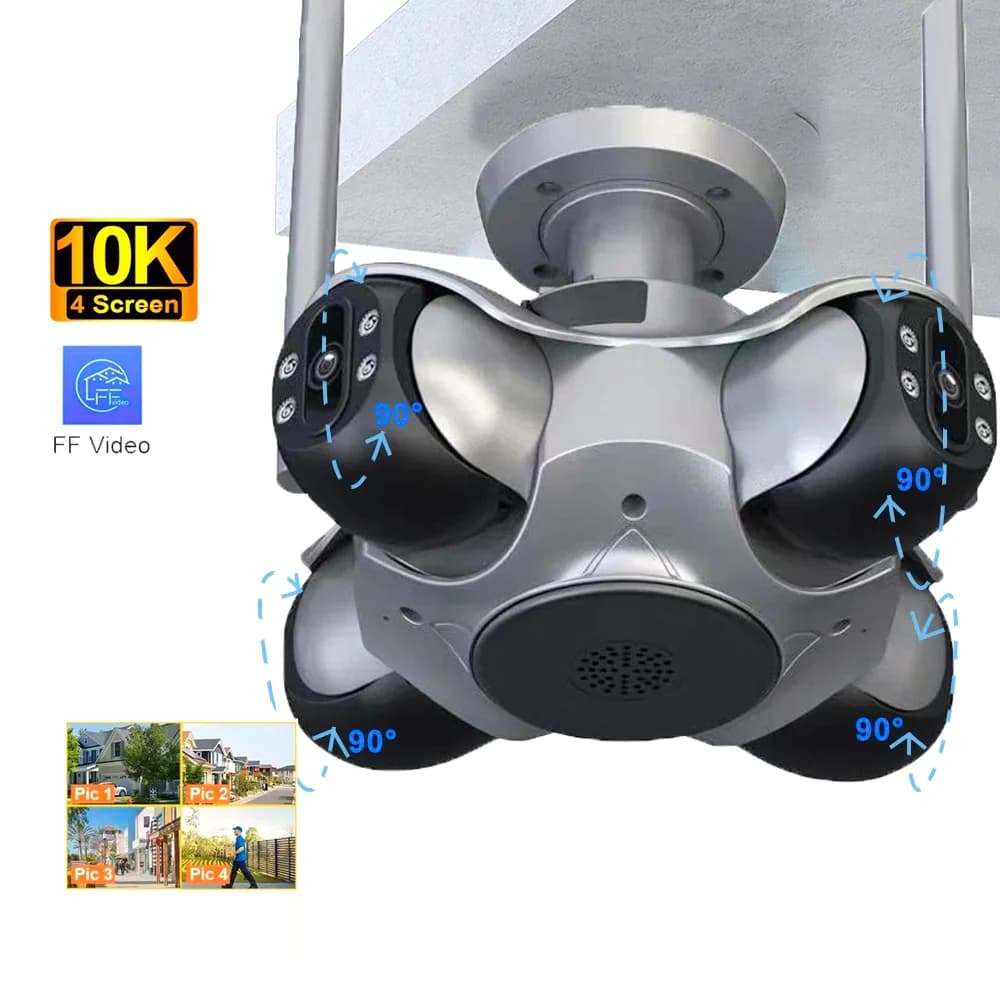 Telecamera PTZ WiFi da Esterno 20MP con 4 Schermi, Tracciamento Automatico Umano, Visione Notturna a 360 Gradi, Telecamera di Sorveglianza Wireless per Sicurezza Domestica
