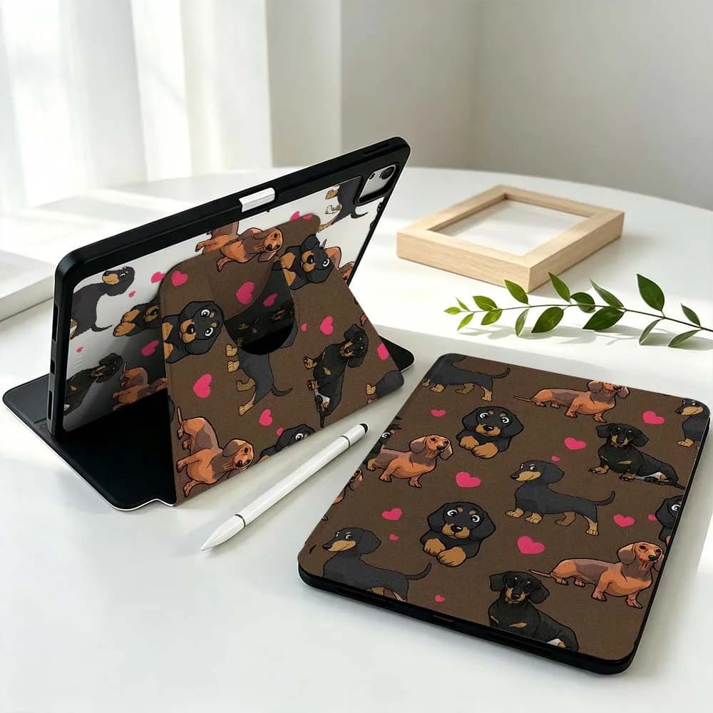 Cartoon Dachshund Heart For Samsung Galaxy Tab S11 S10 S9 S8 A11 FE Plus Ultra 360° Rotation Stylus Storage Tablet Case