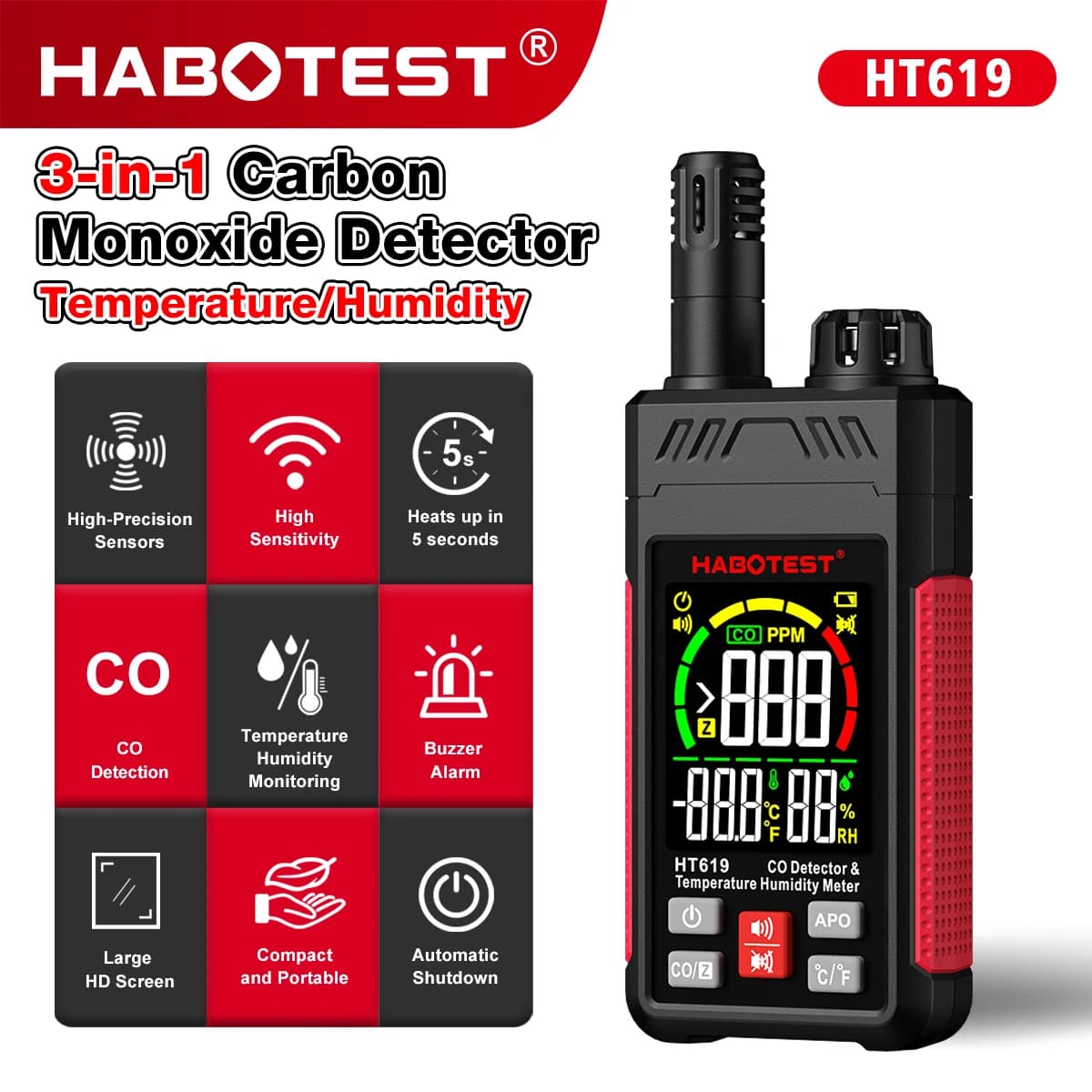 HABOTEST HT619 Carbon Monoxide Detector Alarm New Photoelectric Sensor Professional High Precision CO Gas Tester LCD Display