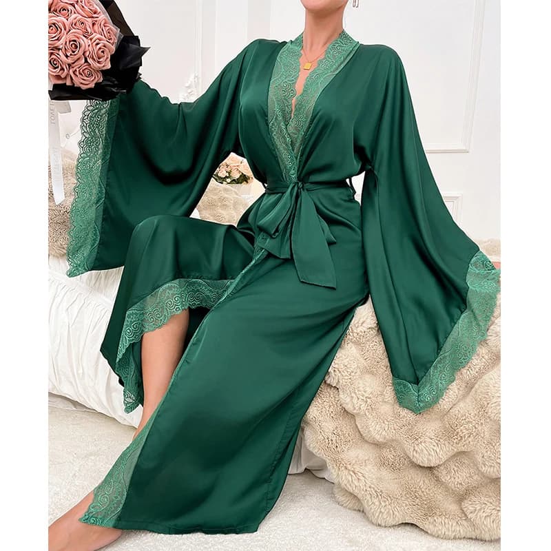 Women's Dress Luxuy Satin Pijama Lace Trim Snow Sleeve Shower Dress Comfortable silky Bathrobe for the house Long neckline V sexy night shirts