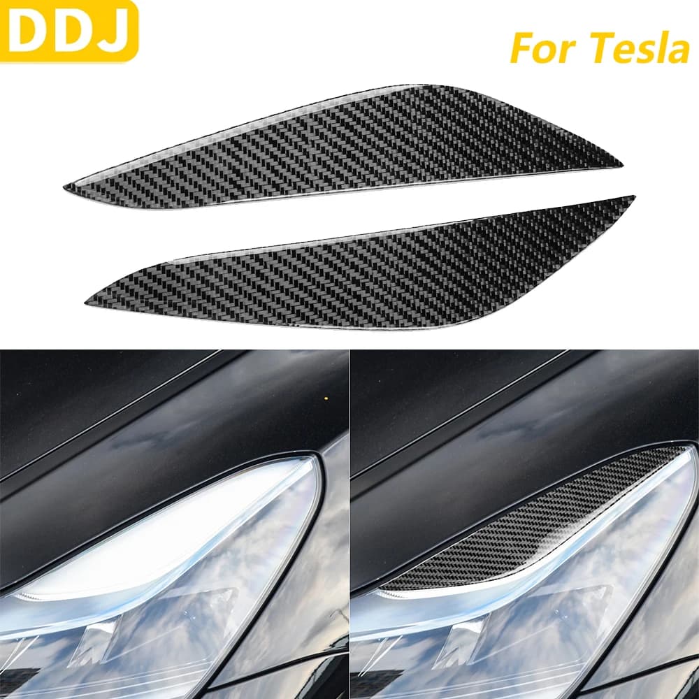 For Tesla Model Y 2020-2024 Model 3 2017-2022 Real Carbon Fiber Headlight Front Eyebrow Cover Panel Accessories Auto Adhesive