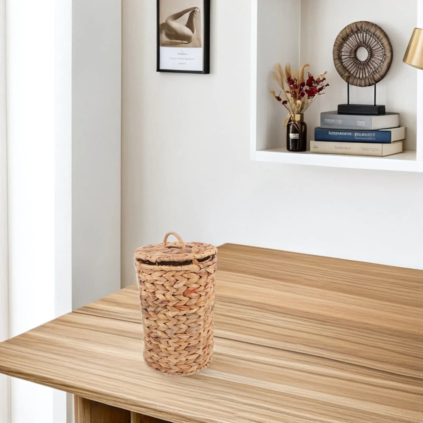Natural Rattan Woven Trash Can Handmade Rustic Small Waste Basket for Bedroom Bathroom Office Desktop Decorative Bin