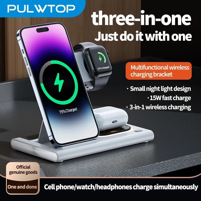 PULWTOP Supporto di Ricarica Wireless 3 in 1, Caricatore Rapido 15W per Telefono, Orologio e Auricolari, con Luce Notturna, Ricarica Tramite Custodia