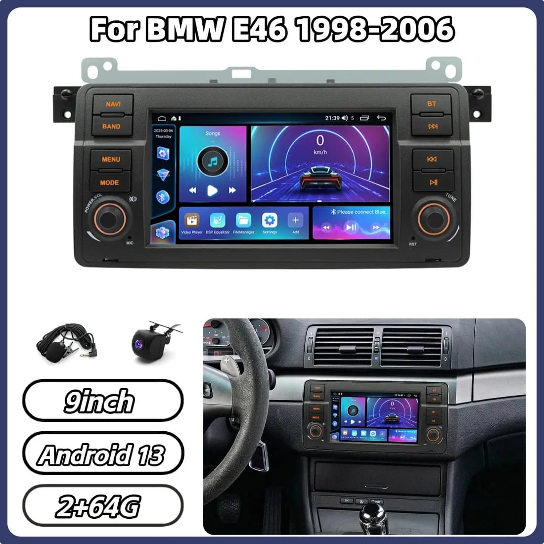 Navigatore GPS Android 13 da 2+64GB per BMW E46 1998-2006 con Carplay, Android Auto, WiFi, Bluetooth 5.1, musica, radio DAB RDS da 7 pollici