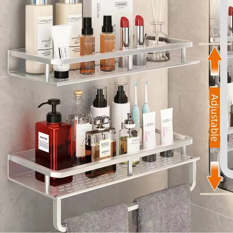 Portaoggetti da cucina per bagno in alluminio argento, scaffale per cosmetici, portaoggetti per cosmetici, hardware per il bagno, con portasciugamani