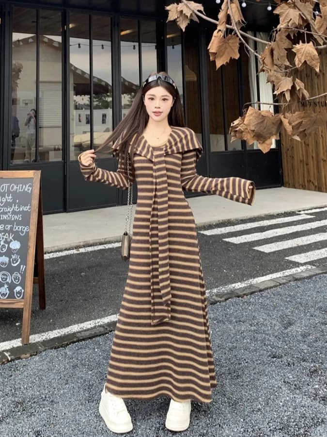 Women's long skirt strong sizes, vintage style, striped, A line, high waist, with belt, slender effect, for leisure and commuting