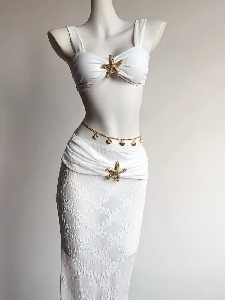 Pure White Bikini Tee-Piece Set Sexy Godd Beach Vaion Swimsuit Separate Swimwear Long Dr for Ocean Side Holiday