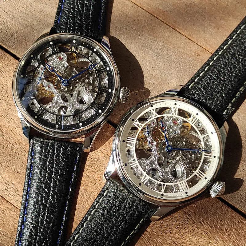 Men Manual Mechanical Watch, Domestic Fashion Brand, Tianjin ST3600K Movement, Skeleton Engraved Dial, Genuine Leather Strap, Vi