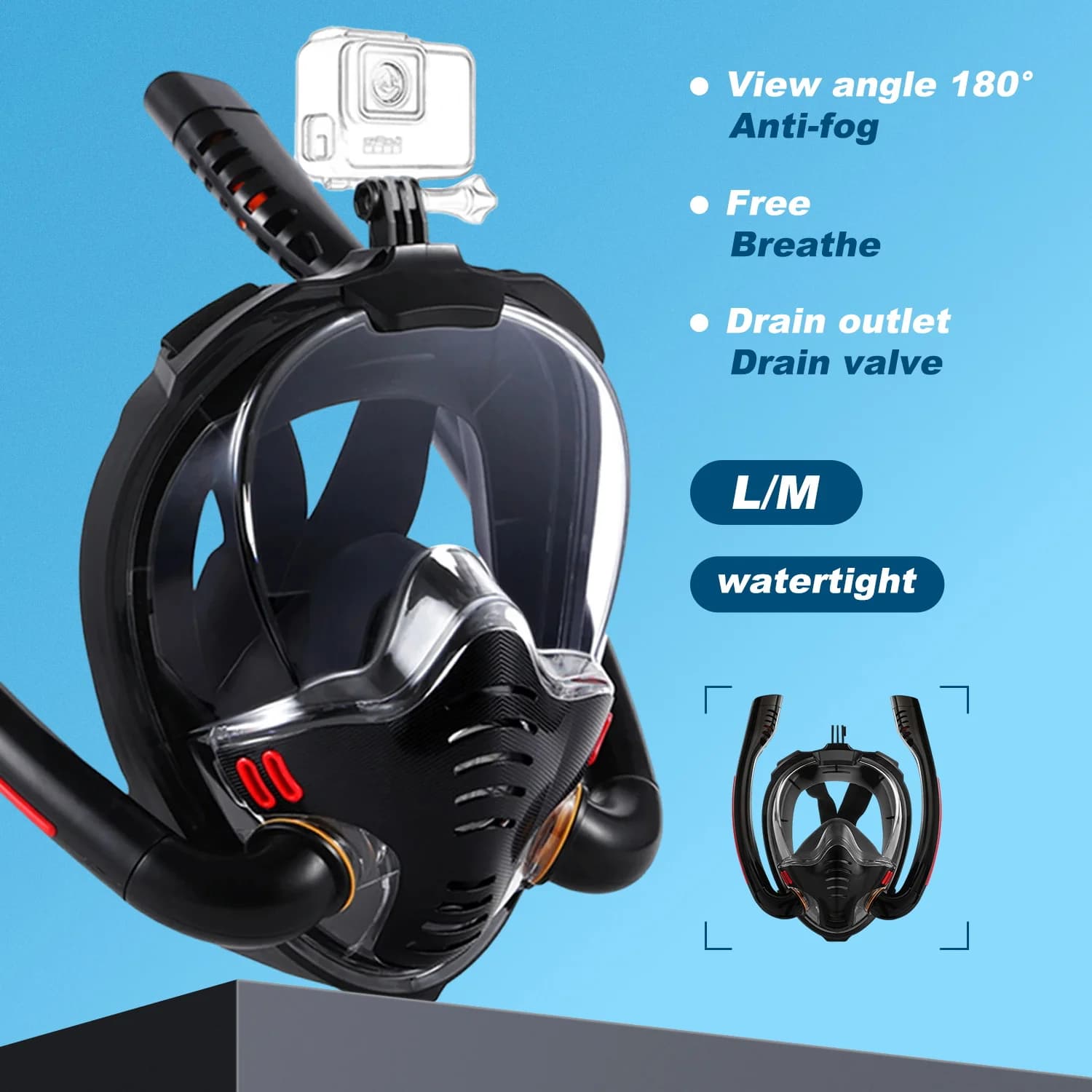 Maschera da snorkeling a pieno facciale e asciutta 180 ° Wide View Anti Fog - Snorkeling professionale leggero per adulti con supporto per fotocamera Saldi estivi