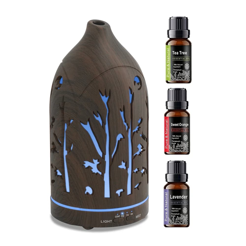 Diffusore per aromaterapia con venature del legno profonde 200ml Umidificatore silenzioso ad ultrasuoni a nebbia fredda con 3 oli essenziali per casa e ufficio