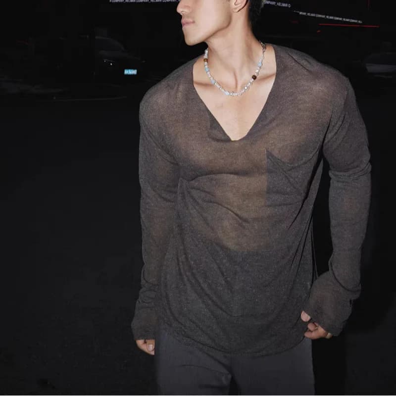 Men’s Sheer-Shirt Long Sleeve V Neck Transparent Mesh See Through Slim Fit Base Layer Underwear Fashion Streetwear Men