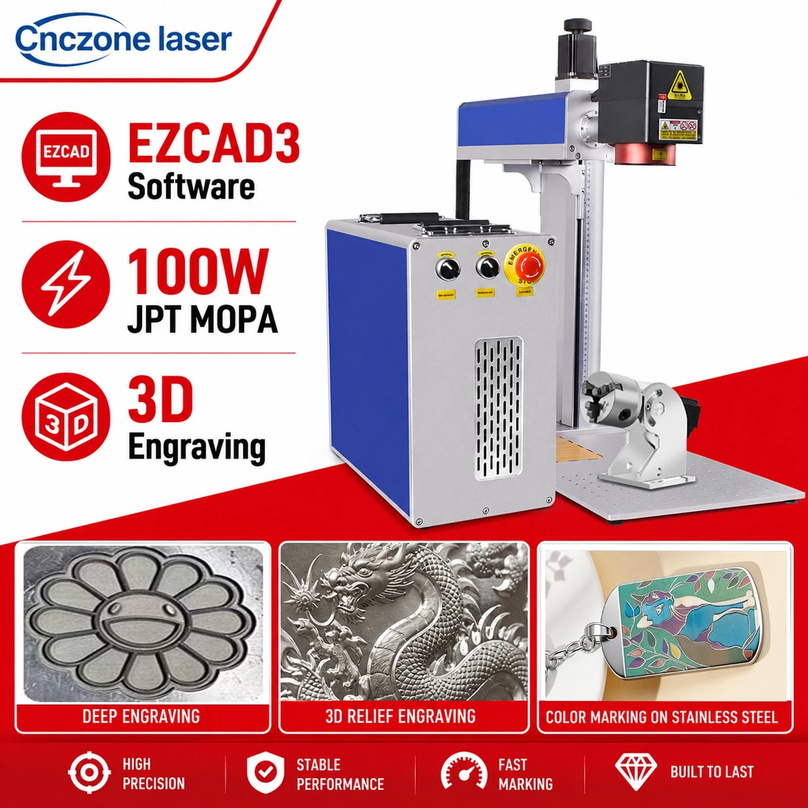 2.5D Laser Marking Machine 100W JPT MOPA 3D Ezcad3 100W 3D Engraver for 3D for Stainless Steel Gold Silver US STOCK