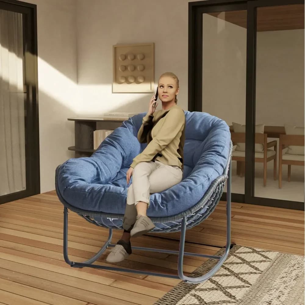 Sedia a dondolo con cuscino imbottito, per interni ed esterni, comoda sedia Papasan con telaio in acciaio migliorato, a forma di uovo in rattan, di grandi dimensioni