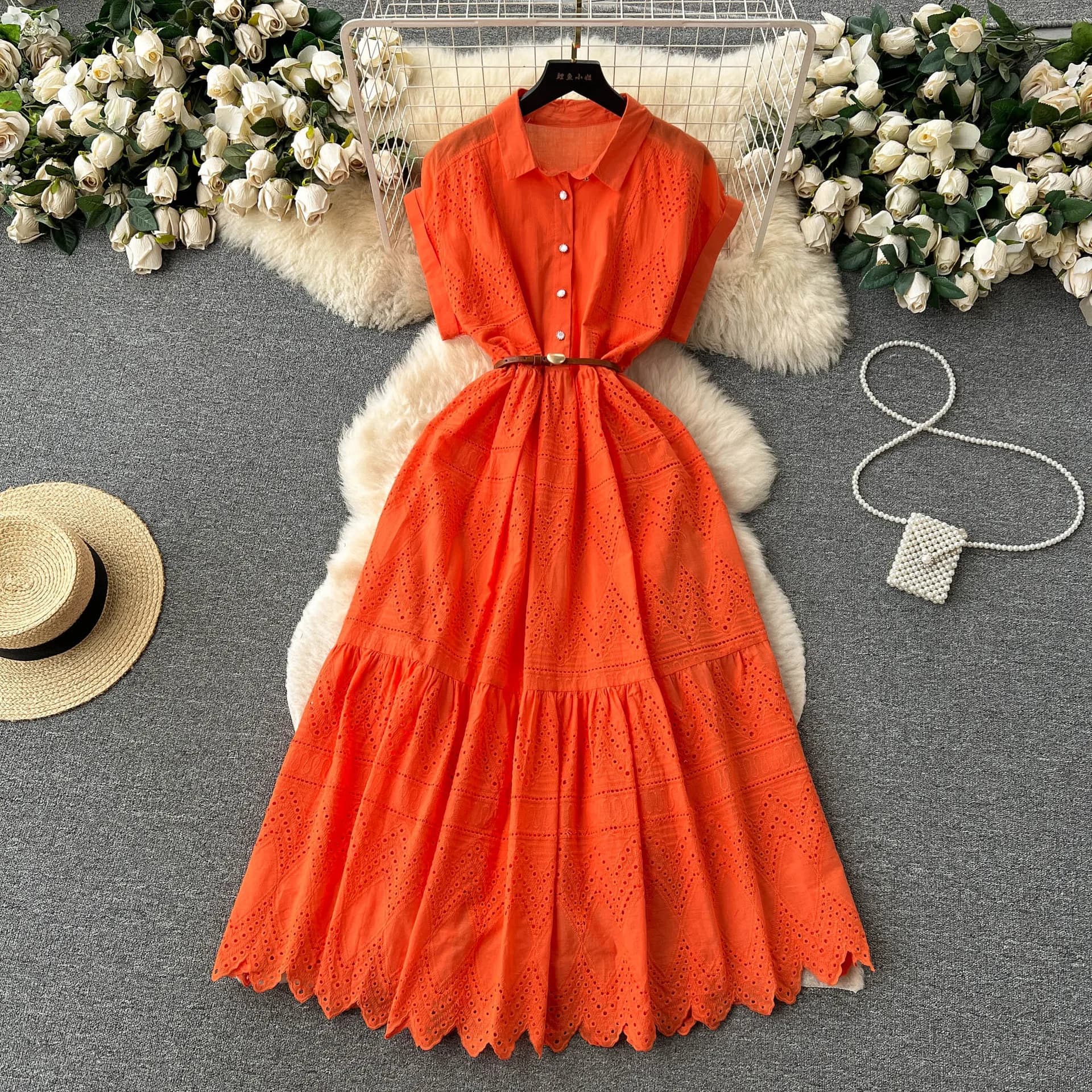 Women Summer Dress 2026 New Solid Color Button Lapel Mid Long Dress Elegant Ladies Pleated Shirt Collar Dress Female Vestidos