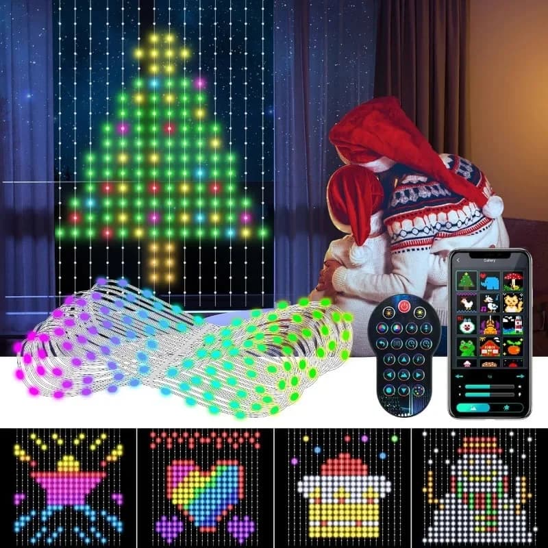 Luci a tenda RGB con sincronizzazione musicale, display testo, luci fatate, 256 LED, controllo tramite app, luci a tenda fai da te per Natale, decorazione per pareti e stanze