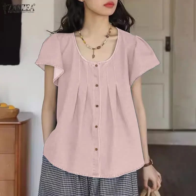 ZANZEA Camicette da Donna in Finto Denim con Scollo a O, Maniche Corte, Pieghe e Bottoni, Collezione Estate 2026, Eleganti Bluse Casual da Donna
