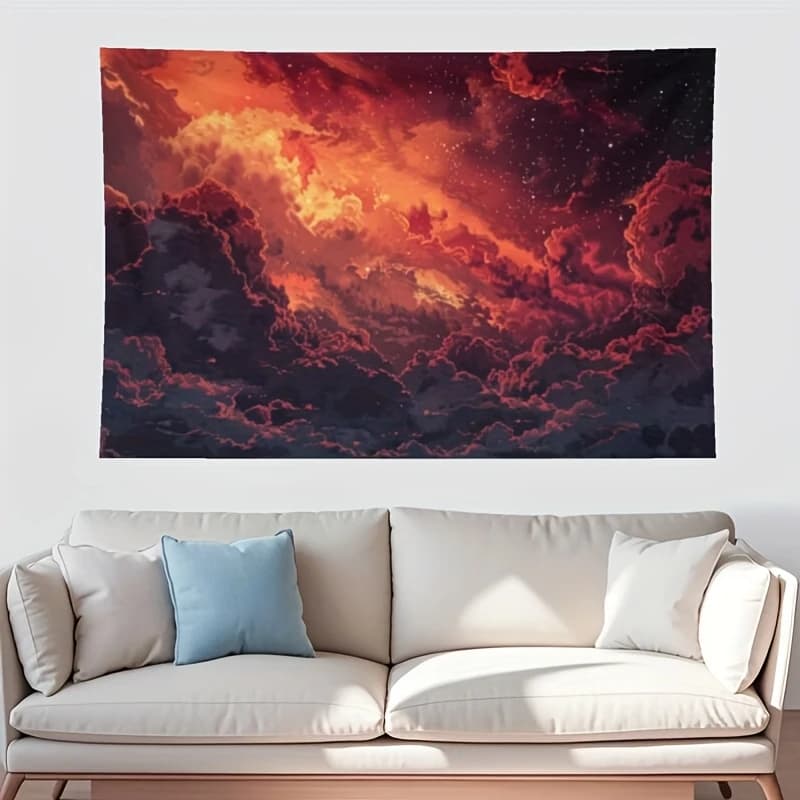 40x60 Inch Large Fantasy Battle Tapestry - Epic Gaming Wall Hanging with Dramatic Sky, Orange/Red/Black/ Purple/Blue/, Non-Elect
