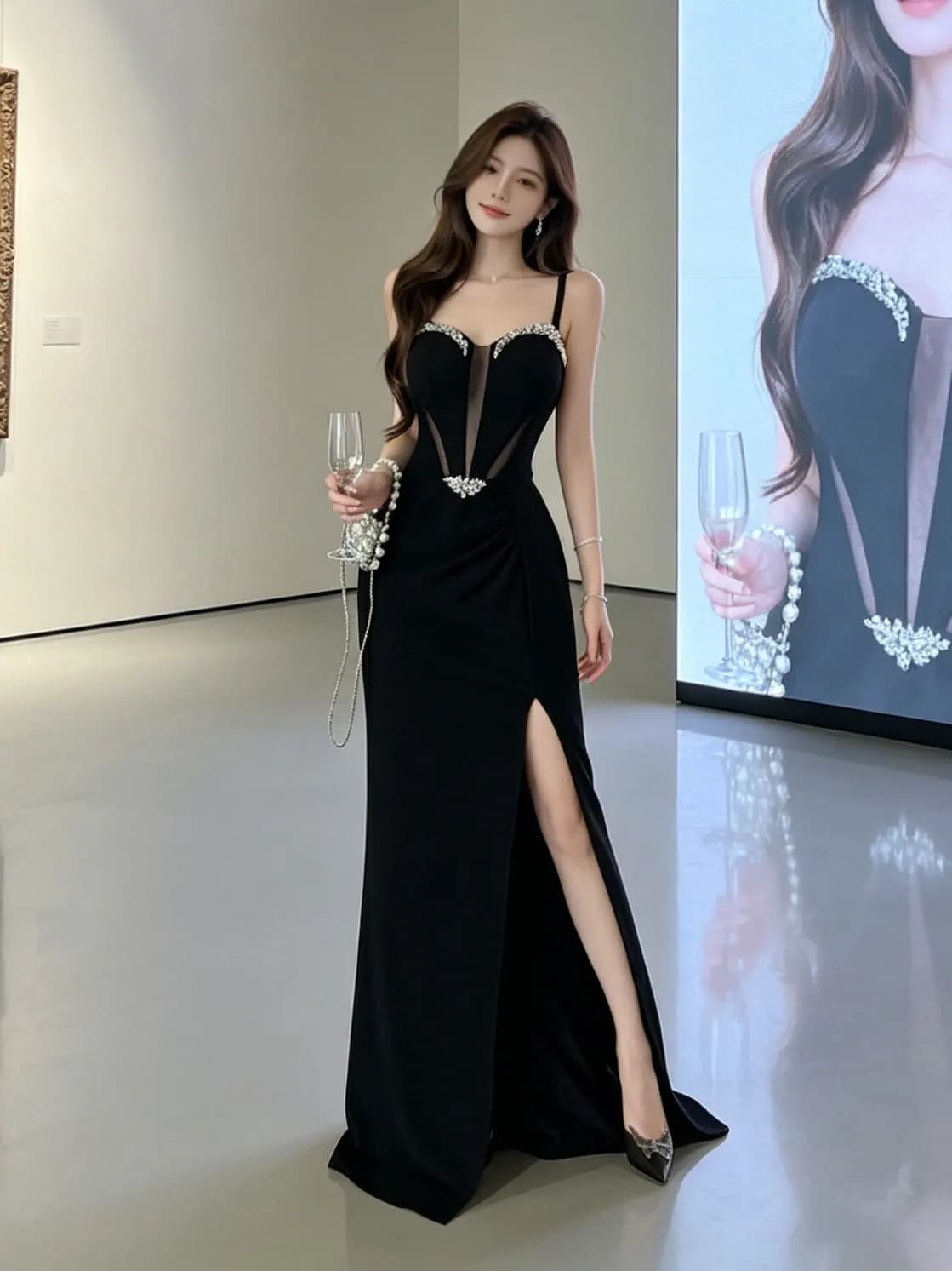 Sexy Black Hollow out Strap Dress Women's Elegant Slimming Long Evening Gown Design Split Skirt Sexy Style Soft Fabric High E...