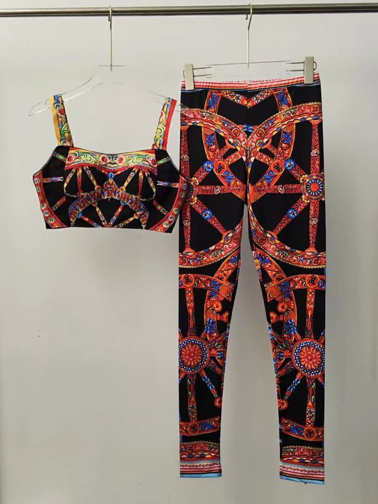 Design Retro Geometric Print Tube Top Pullover Two-piece Set 2026 Summer Women's Clothing + Knitted Nine-Point Pants Fashion Set