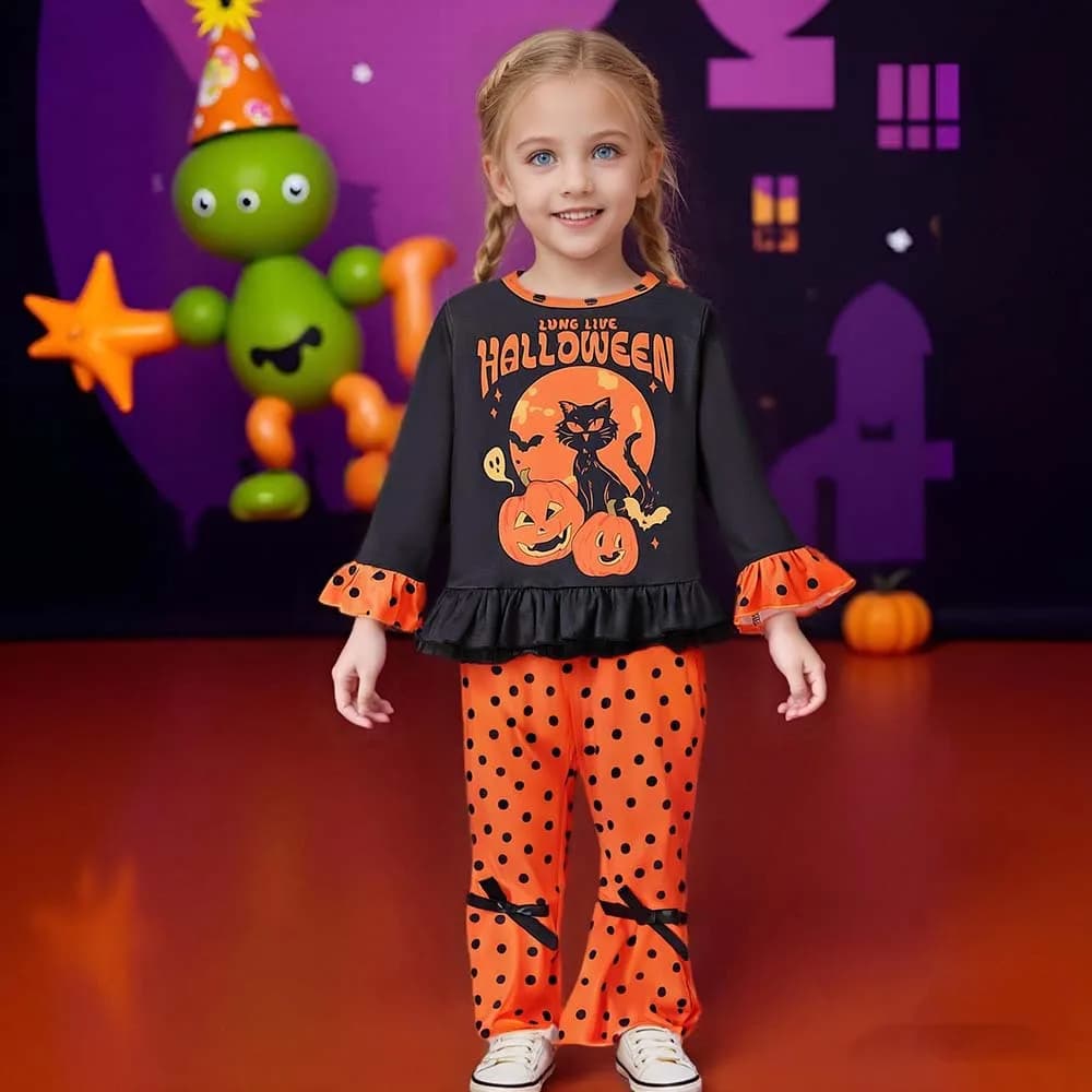 Vestiti per bambine per bambini Set di costumi con maniche svasate a pois di zucca di Halloween Set di abiti da festa carini Set per bambini Abiti di carnevale festivi