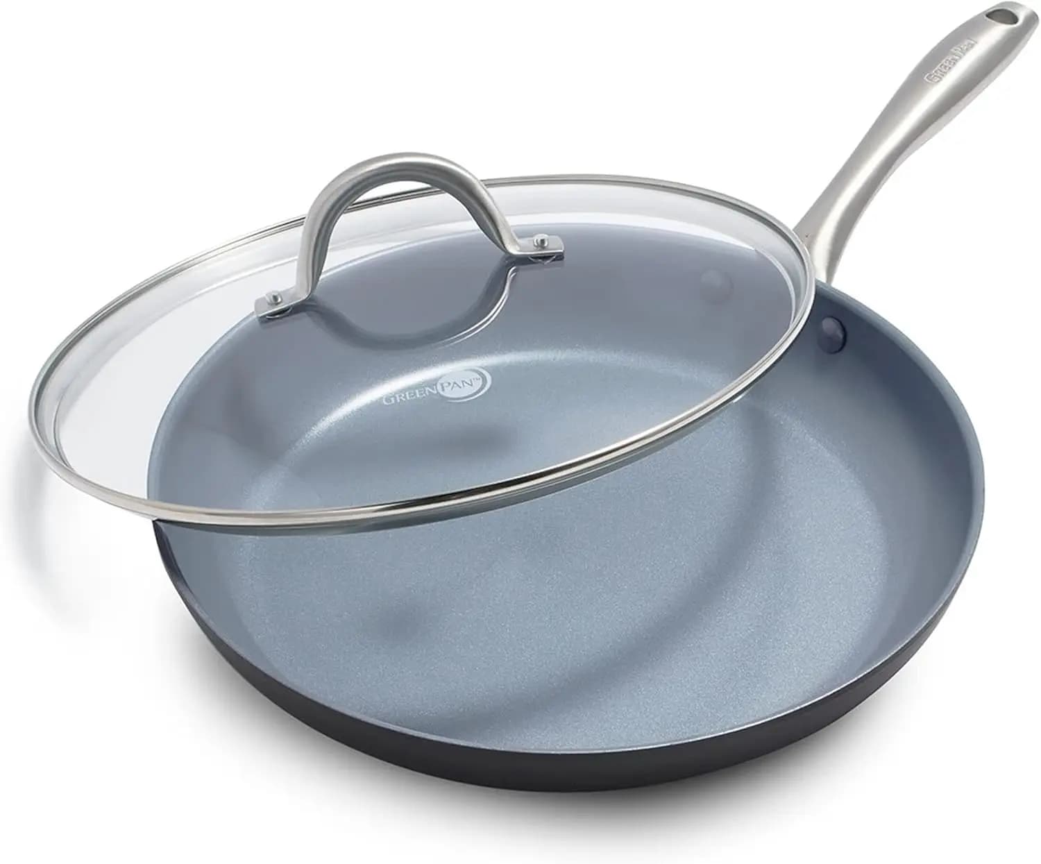 12" ceramic non-stick pan with lid, without PFAS and oven resistant, stainless steel handle for eggs and omelet