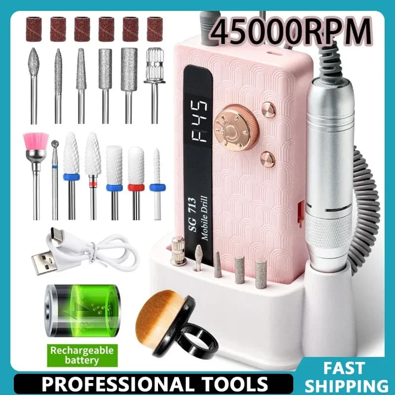 Trapano per Unghie Ricaricabile 35000/45000 RPM, Lima Elettrica Professionale Portatile per Manicure, Rimozione Smalto Gel e Levigatura