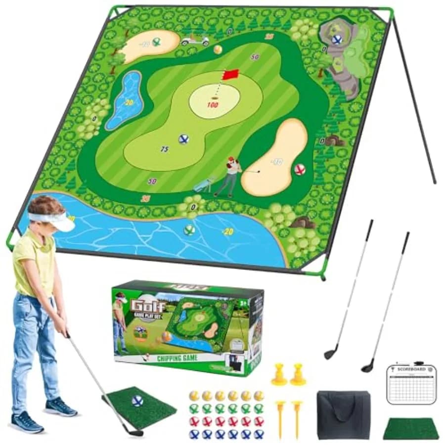 Set da gioco per golf con tappetino da allenamento grande 71 x 71 pollici, 2 mazze regolabili, 24 palline adesive, portatile per interni ed esterni