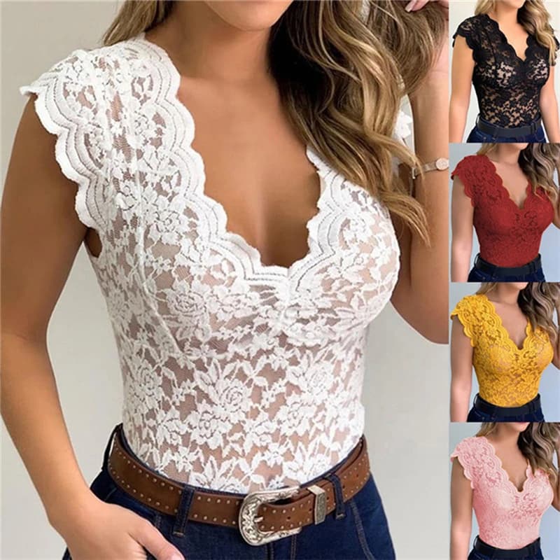 T-Shirt Sexy con scollo a V profondo in pizzo estivo per donna T-Shirt estiva elegante a maniche corte in pizzo con fiori da donna 2024 nuova moda