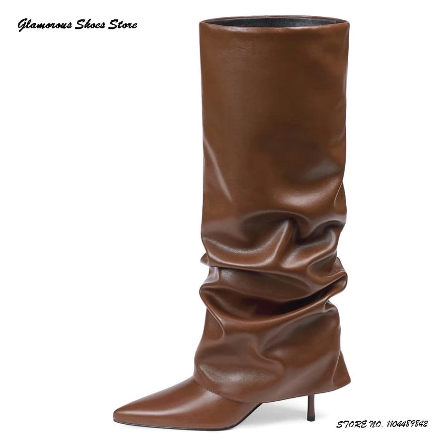 Stivali al ginocchio a spillo pieghettati Stivali a punta da donna Tacchi sottili Scarpe taglie forti Primavera Autunno Stivali larghi al polpaccio Pull On Modern