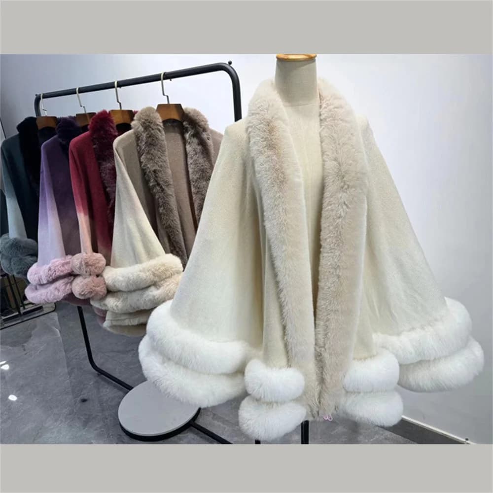 Inverno 2 Cerchio Collo in pelliccia sintetica Grande pendolo Scialle Cappotto Mantello allentato Donna Colori sfumati caldi Poncho in cashmere Mantelle