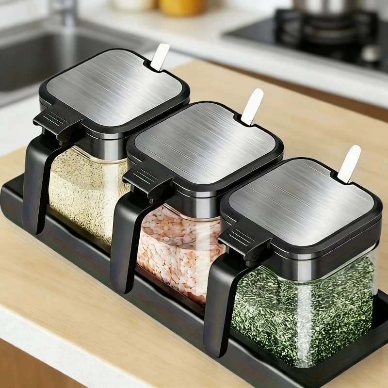 Set di Barattoli per Spezie in Vetro da 10oz con Cucchiaio, Organizzatore per Condimenti, Bottiglie per Scaffale Porta Spezie