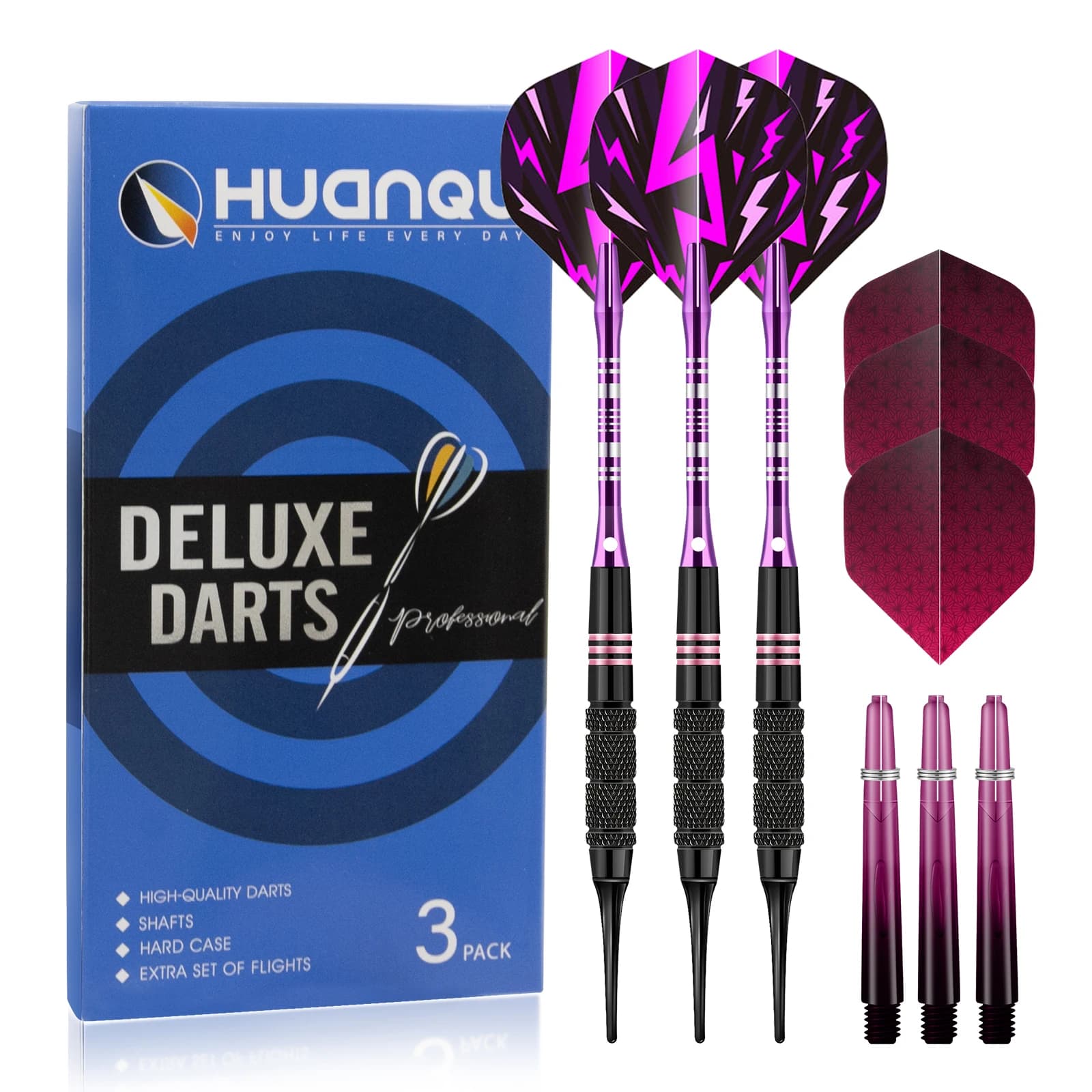 Set da 3 pezzi Huanqu da 16g in serie rosa e viola, include alette per freccette, punte di sicurezza di ricambio, accessori per freccette elettroniche, attrezzatura completa per freccette per adulti, casa, bar e sala giochi, combinazione di colori rosa e nero, scelta perfetta
