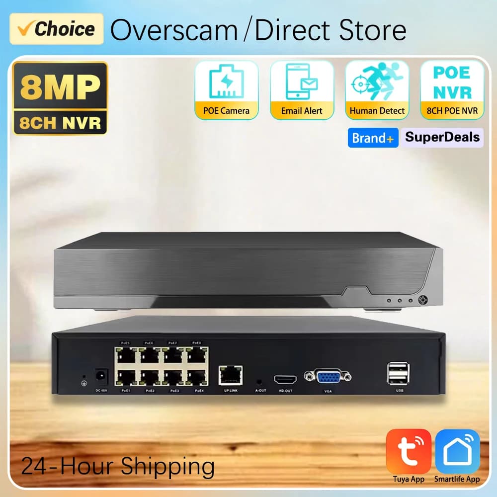 Tuya Smartlife NVR POE 4K 8CH 8MP Sistema di Sicurezza CCTV con Rilevamento Umano AI H.265+ Registratore Video di Sorveglianza di Rete con Audio