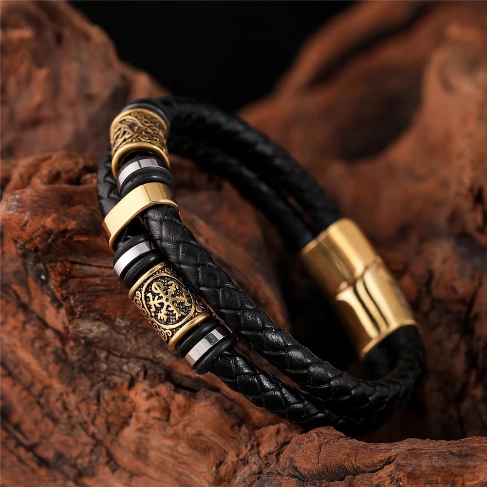 Bracciale in vera pelle stile vichingo da uomo punk intrecciato multistrato in acciaio inossidabile con rune norvegesi braccialetti con perline regalo di gioielli per coppie