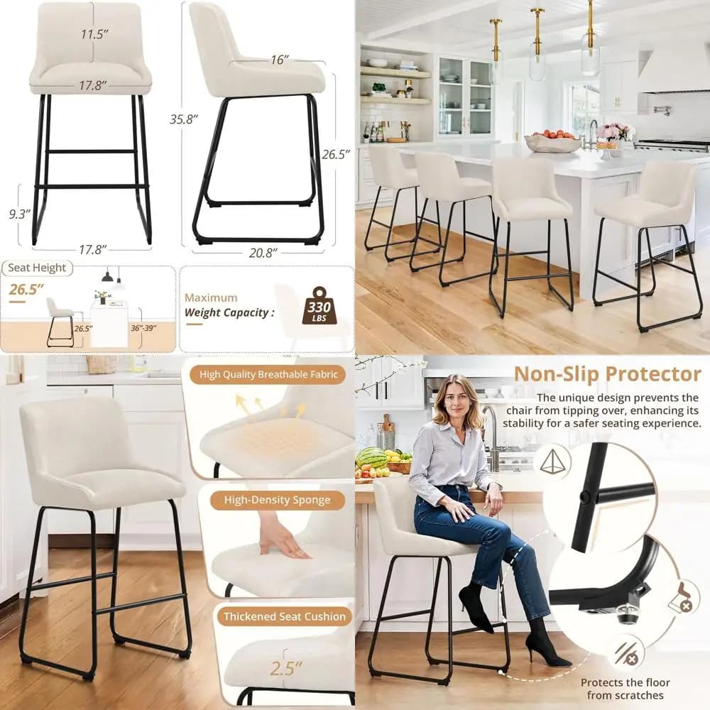 Set of 4 bar stools with back padded in linen, comfortable chairs for kitchen islands or bar