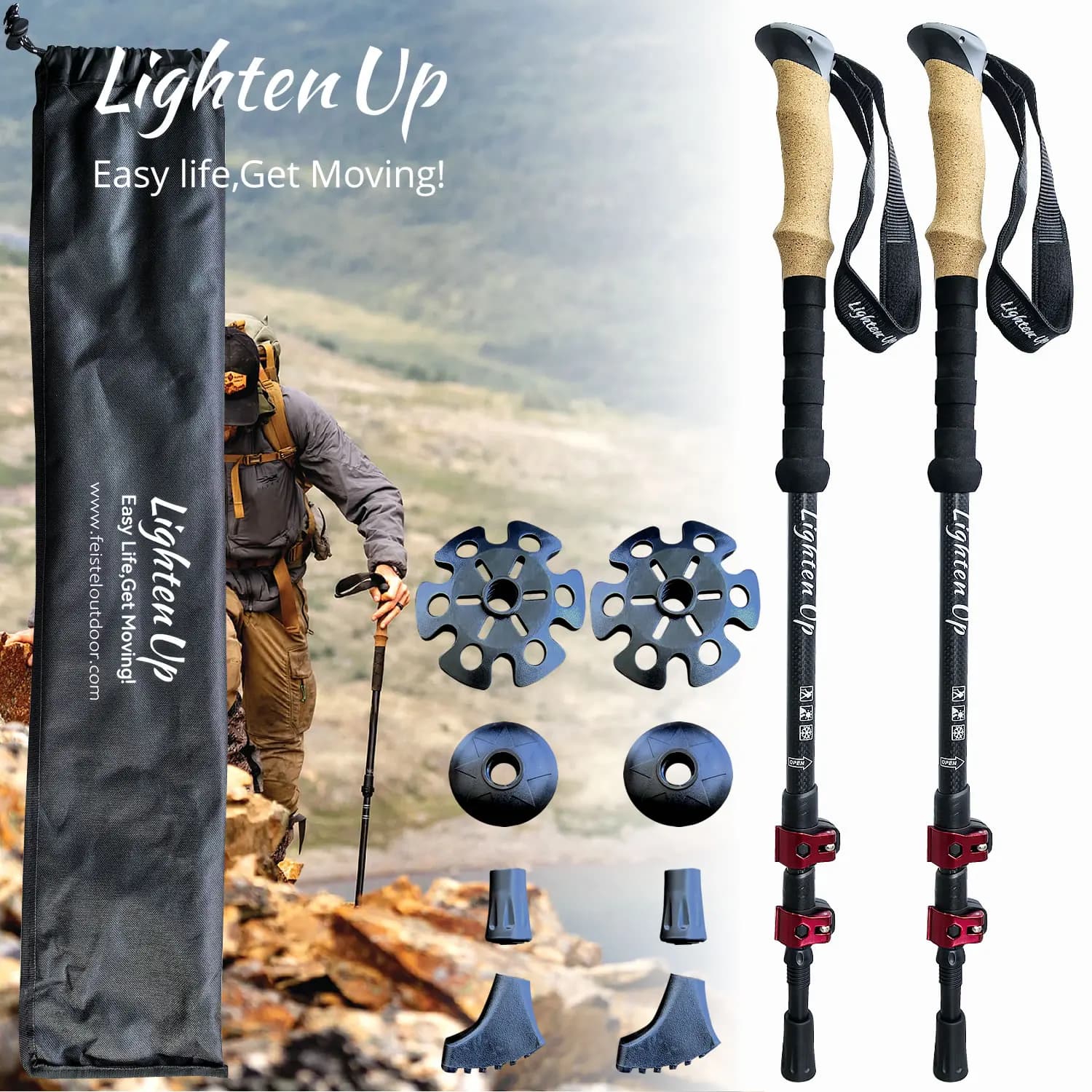 Hiking poles LIGHTEN UP 2 pieces Carbon Fiber Folding Telescopic Sticks/Aluminum Alloy Light Trekking Stick for Climbing