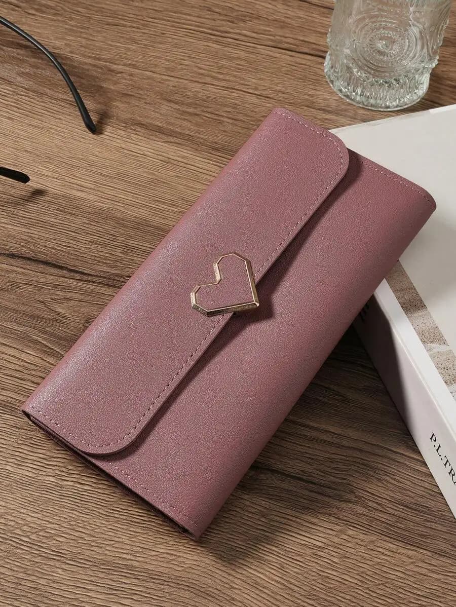 Fold Over Women Wallet PU Leather Heart Decorated Long Slim Card Holder