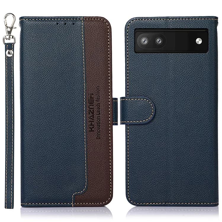 KHAZNEH Custodia in pelle PU con blocco RFID e texture Litchi Custodia a portafoglio con cordino anti-smarrimento per Google Pixel 6a - Blu
